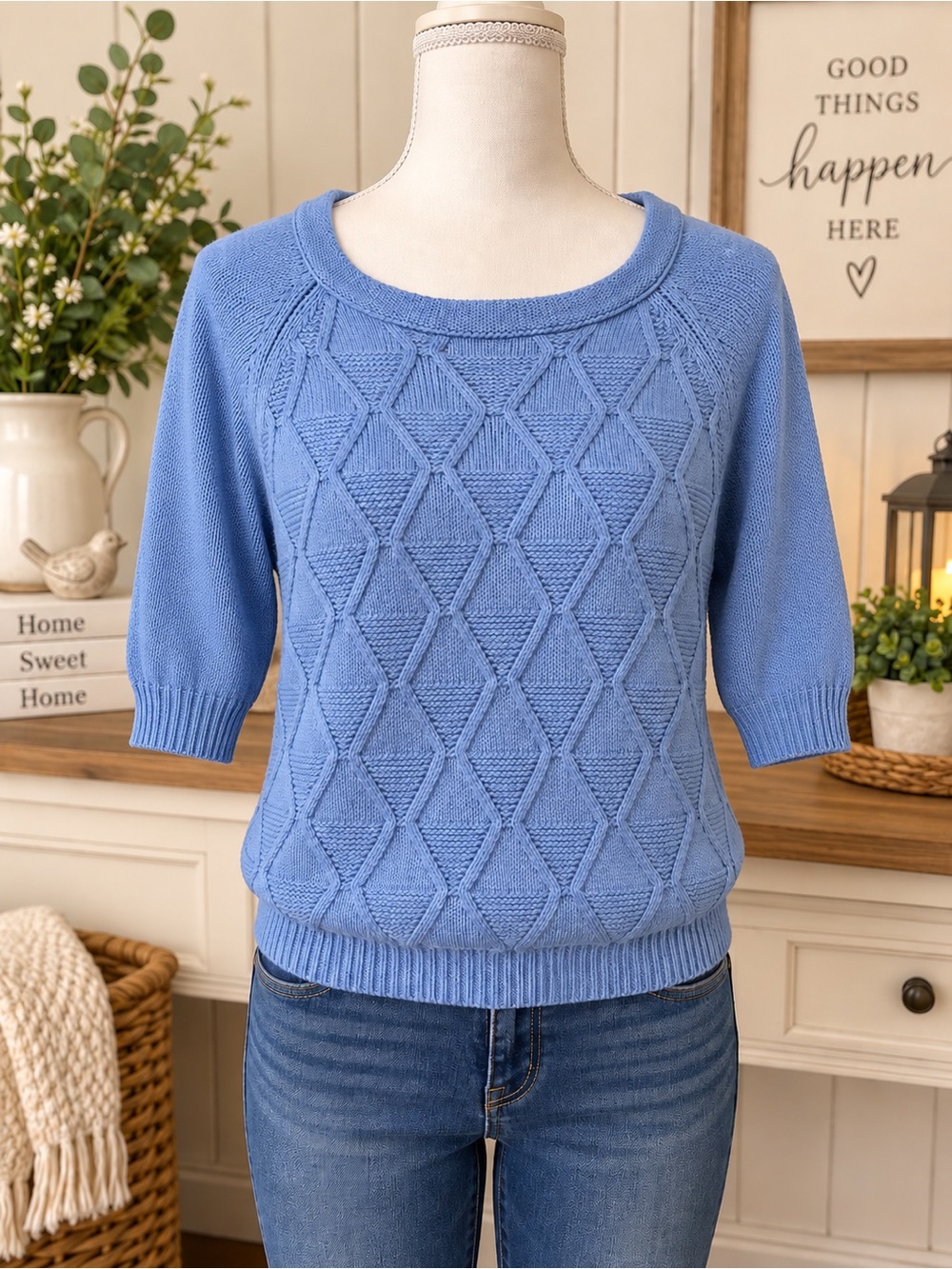 Croft & Barrow Blue Diamond Knit Sweater XL 3/4 Sleeve